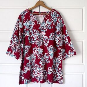 Quacker Factory Floral Tropical Tunic Top Womens 1X Red Rhinestones Jewels Knit